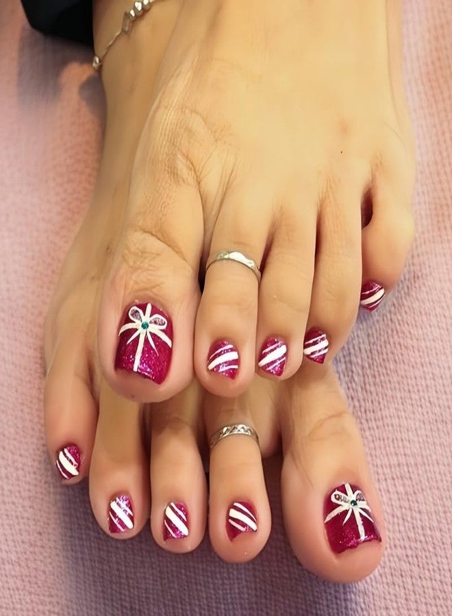 SHUXILIN 24Pcs Christmas Press on Toenails Short - SHUXILIN Rose Red Fake Toenails Glitter Rhinestone Glue on Toe Nails with Gift Box Candy Stripe Design Artificial Square Stick on Toe Nails for Women Girls - Image 1